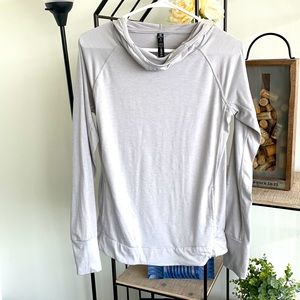 Light gray hooded thin scuba neck sweatshirt